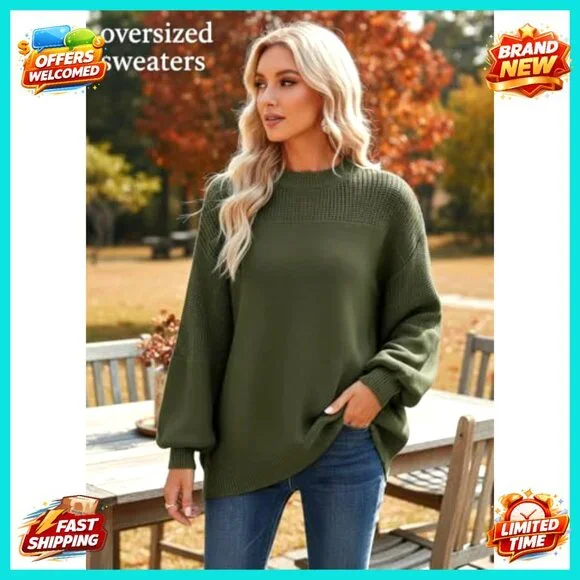Women's Long Sleeve Crewneck Pullover Sweater Loose Fit Knit Casual